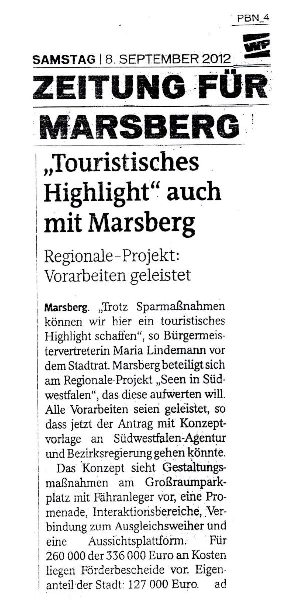 ""Touristisches Highlight" auch für Marsberg", Quelle: Westfalenpost vom 08.09.2012
