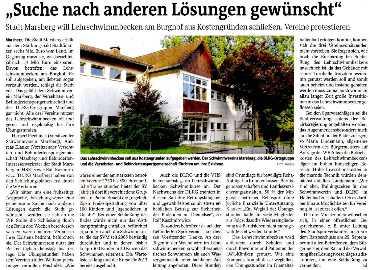"Suche nach anderen Lösungen gewünscht", Quelle: Westfalenpost vom 06.09.2012
